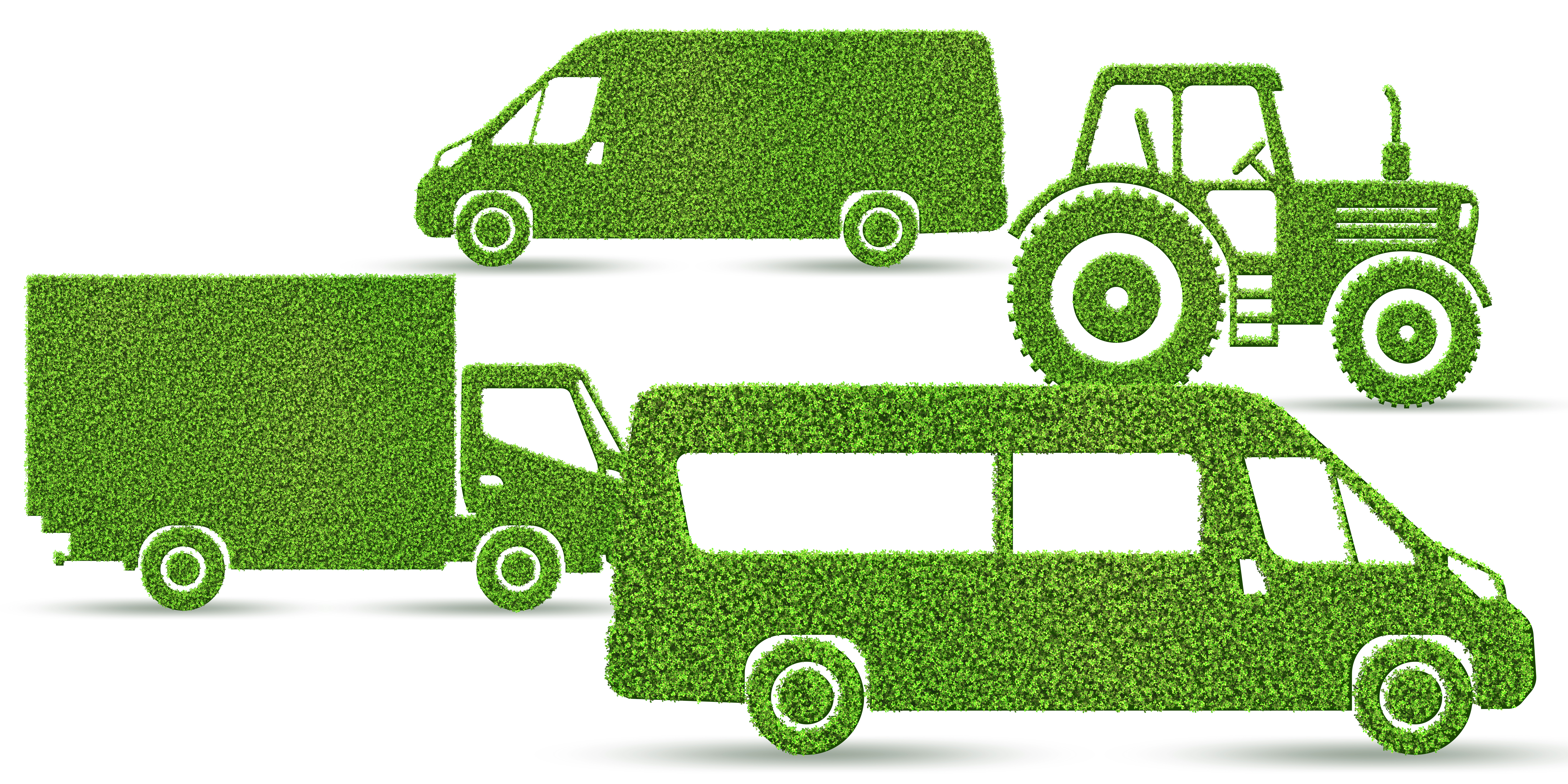 Grün gezeichnete LKW, Traktor, Kleinbus