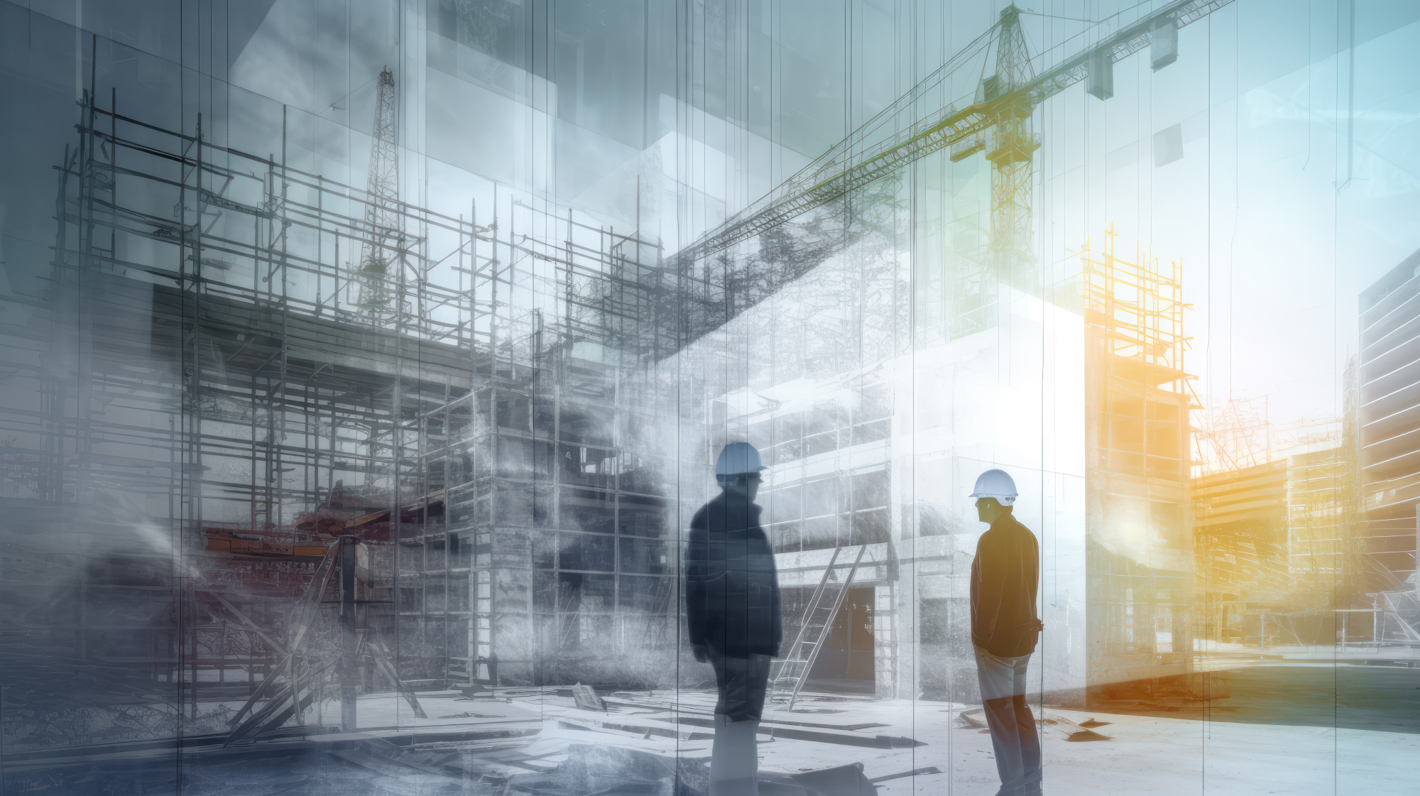 Männer vor im Bau befindlichem Gebäude