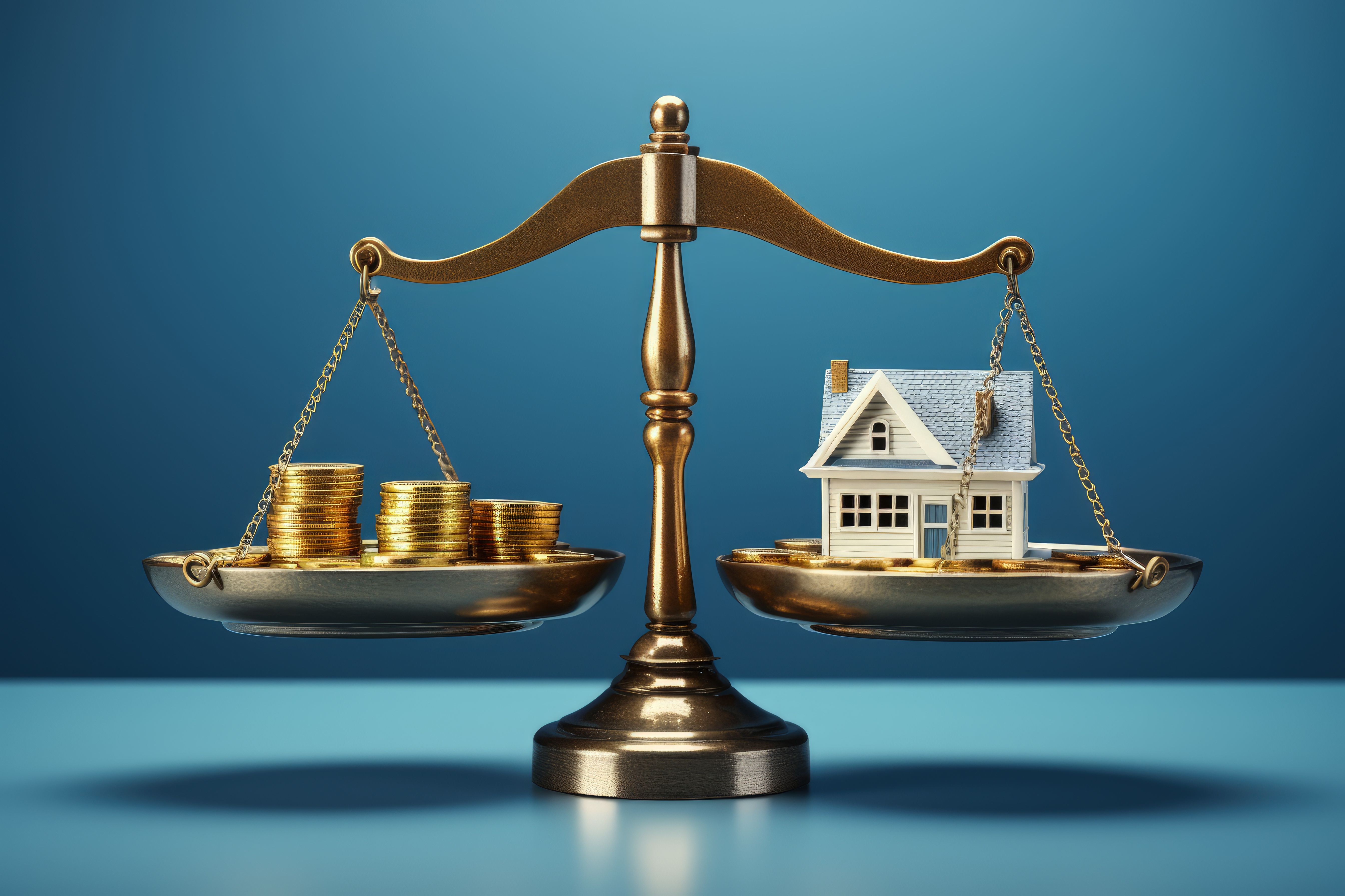 Eine Waage mit Geld in der einen und dem Modell eines Hauses in der anderen Schale