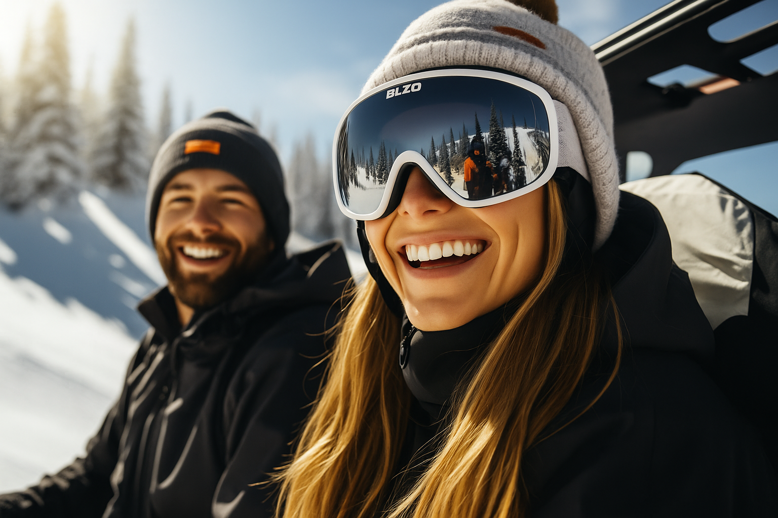 Ein Paar sitzt in einer Seilbahn in einer Winterlandschaft