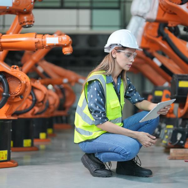 arbeiterin bedient roboter
